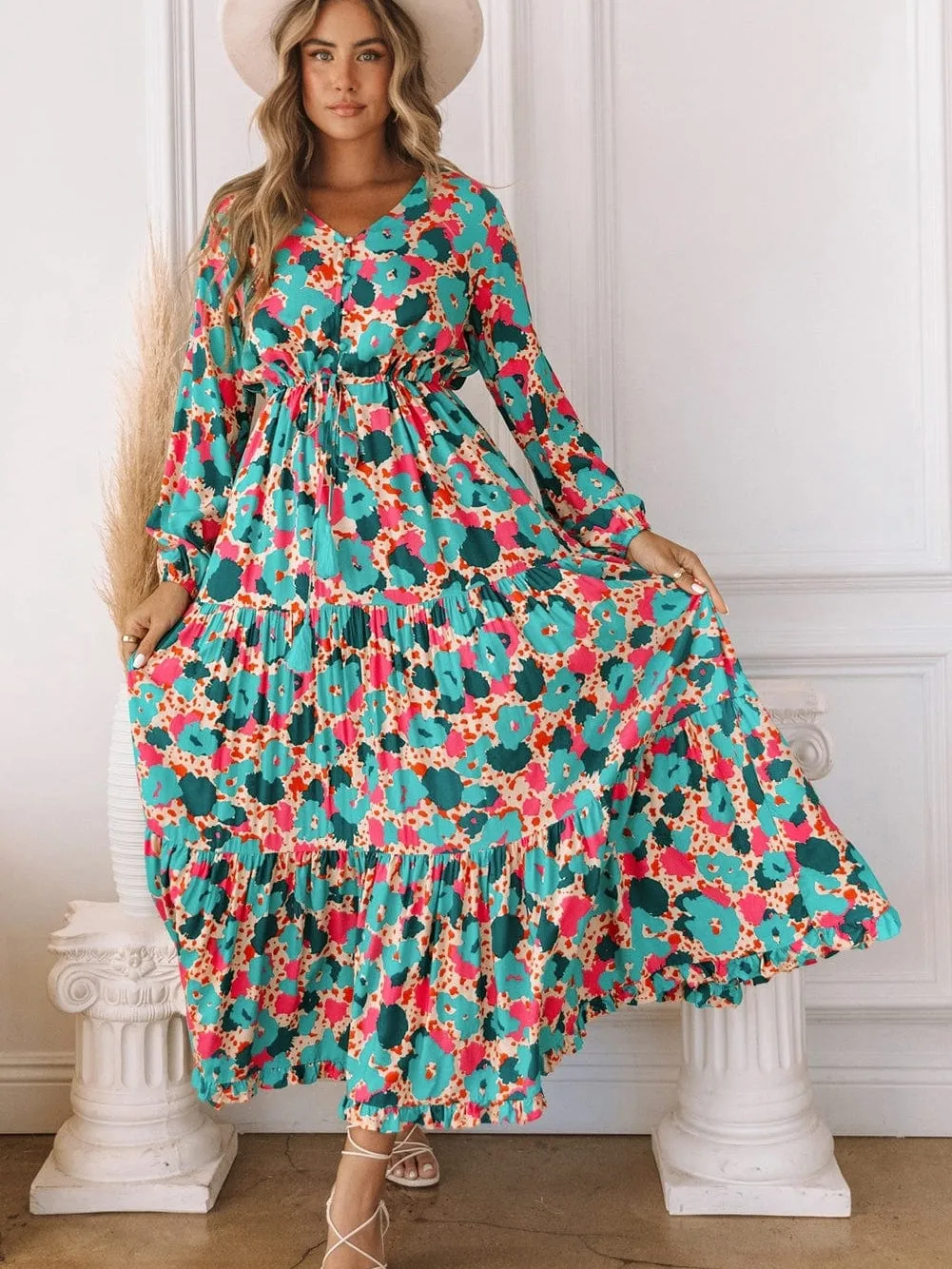 Bohemian V Neck Drawstring Maxi Dress with Ruffle Details