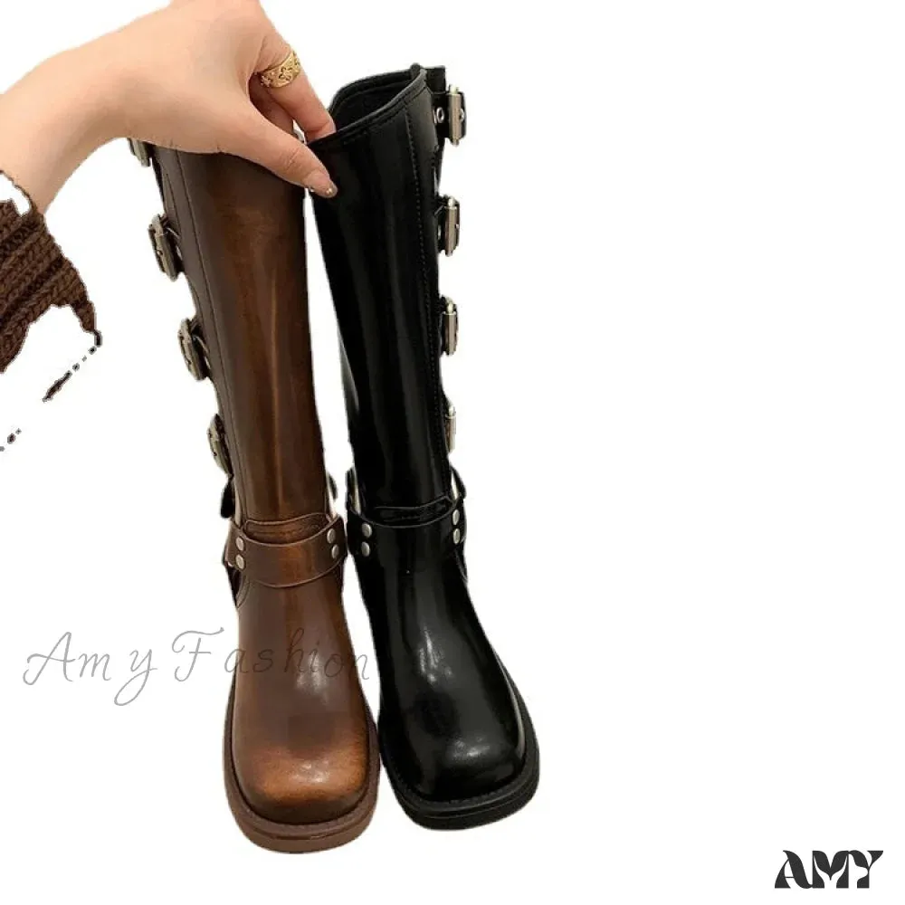 Chunky Heel Brown Martin Boots Metal Decorated Long Tube Rider Spring Autumn 2024 Women's Shoes