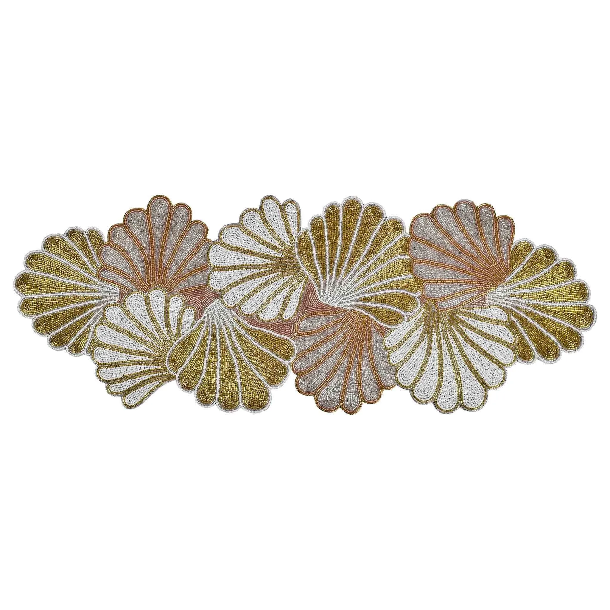 Clam Casino Bead Embroidered Table Runner in Gold & Cream