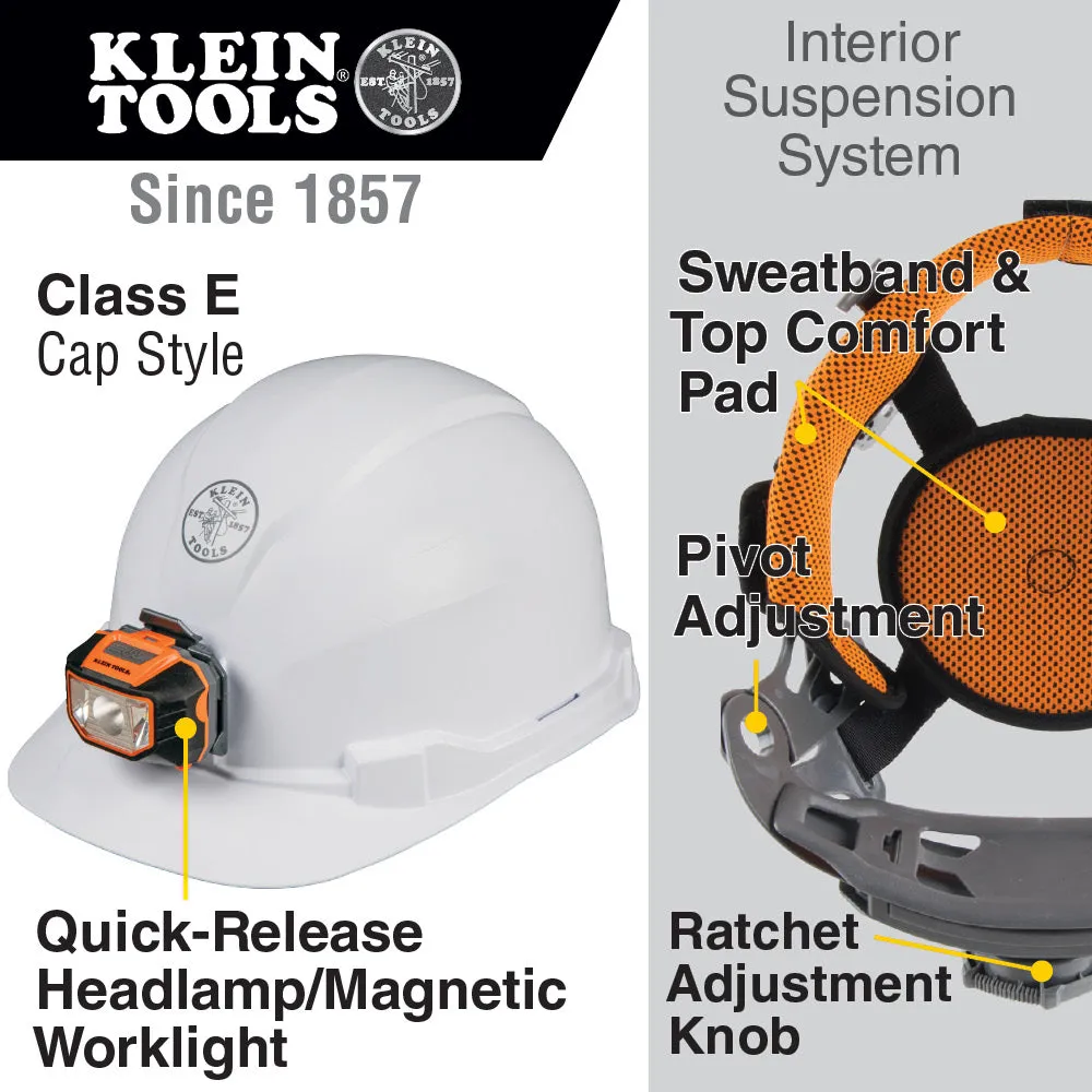 Klein 60107 Hard Hat, Non-vented, Cap Style with Headlamp