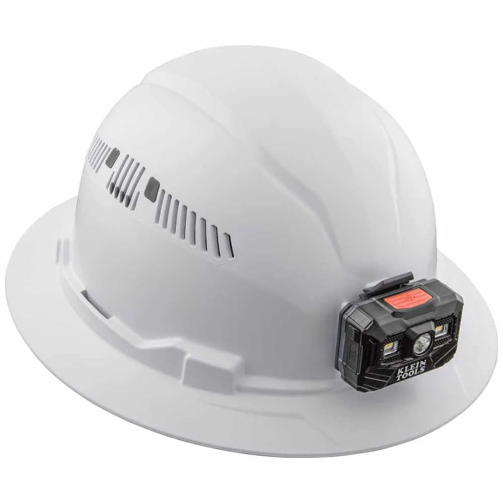 Klein 60407RL Hard Hat, Full Brim White w/Rechargeable Headlamp