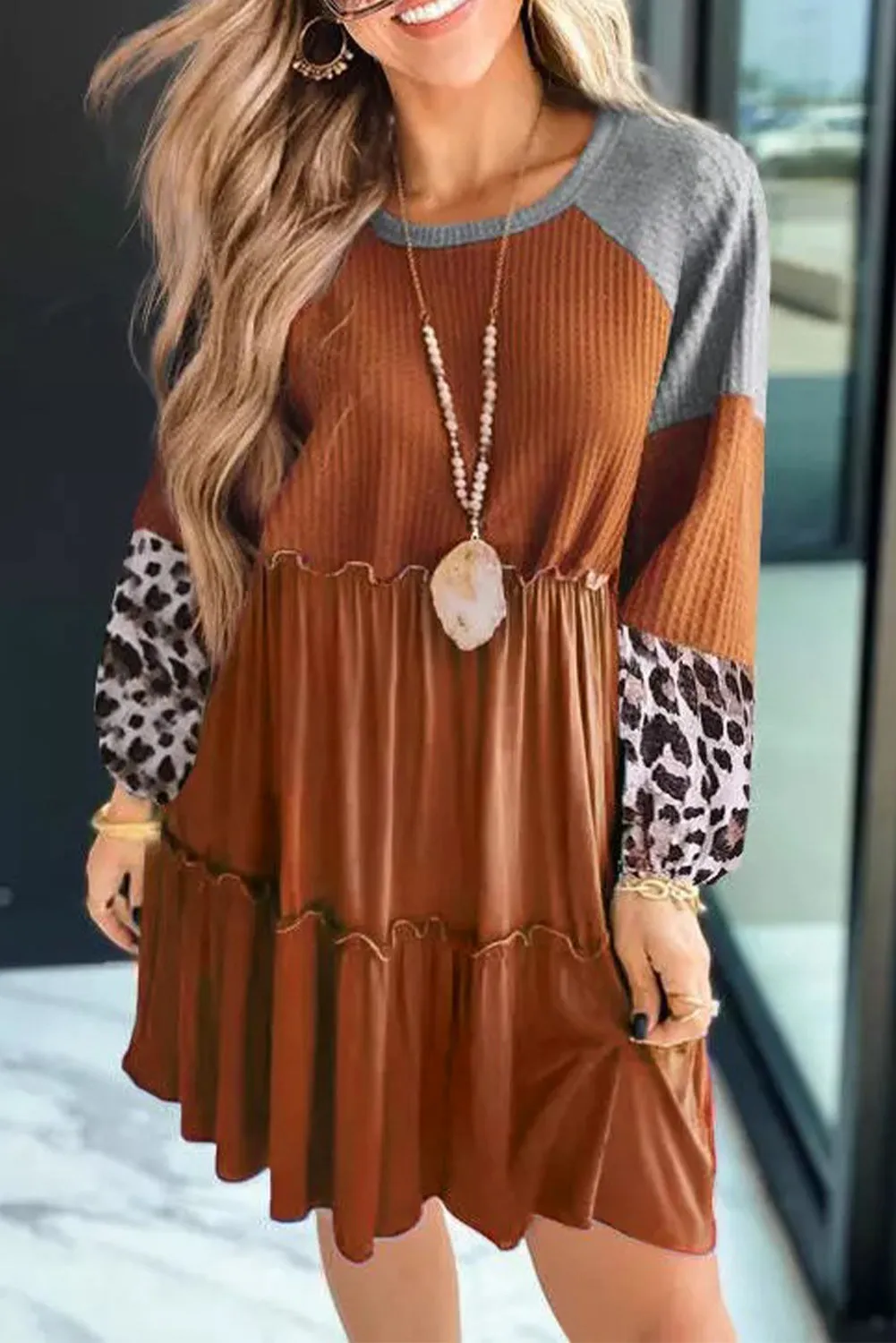 Leopard Colorblock Waffle Knit Dress