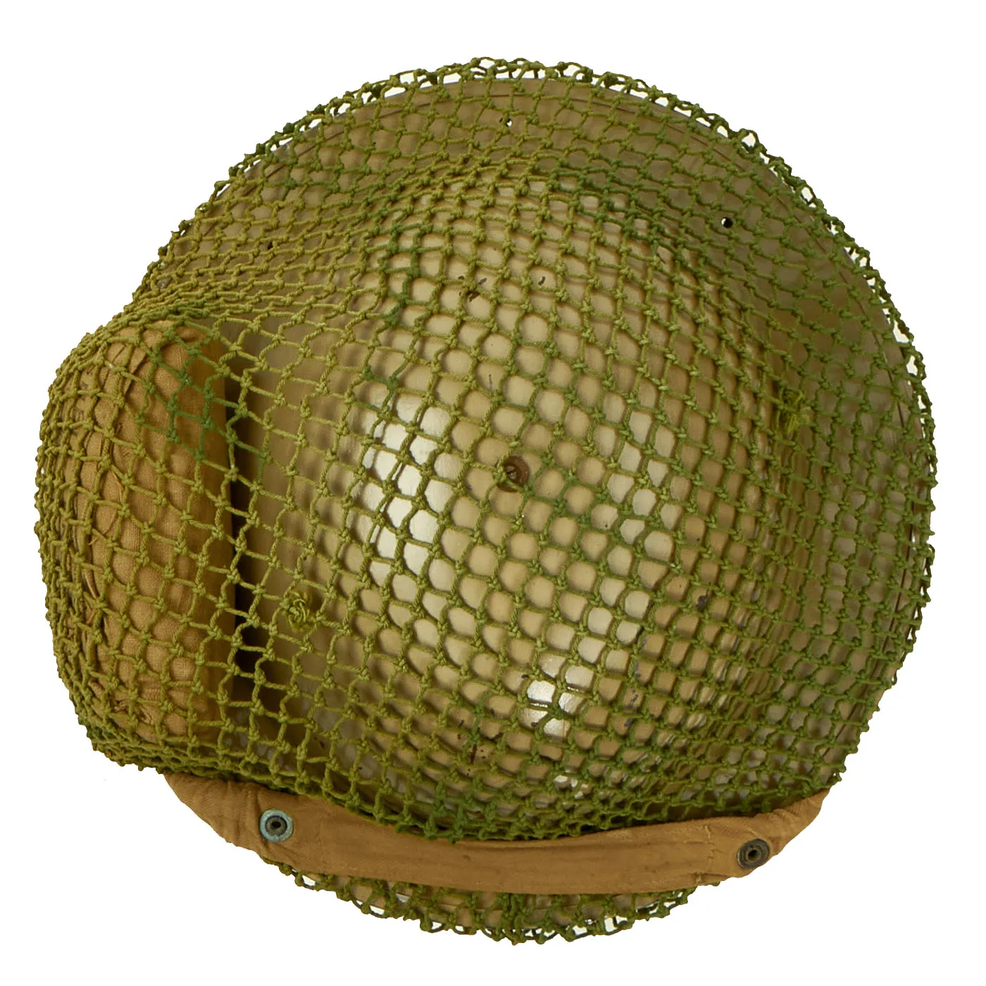 Original British WWII Desert Camouflage Painted MkII Brodie Steel Helmet with Dual Color Helmet Net and Australian Shell Dressing - Dated 1940