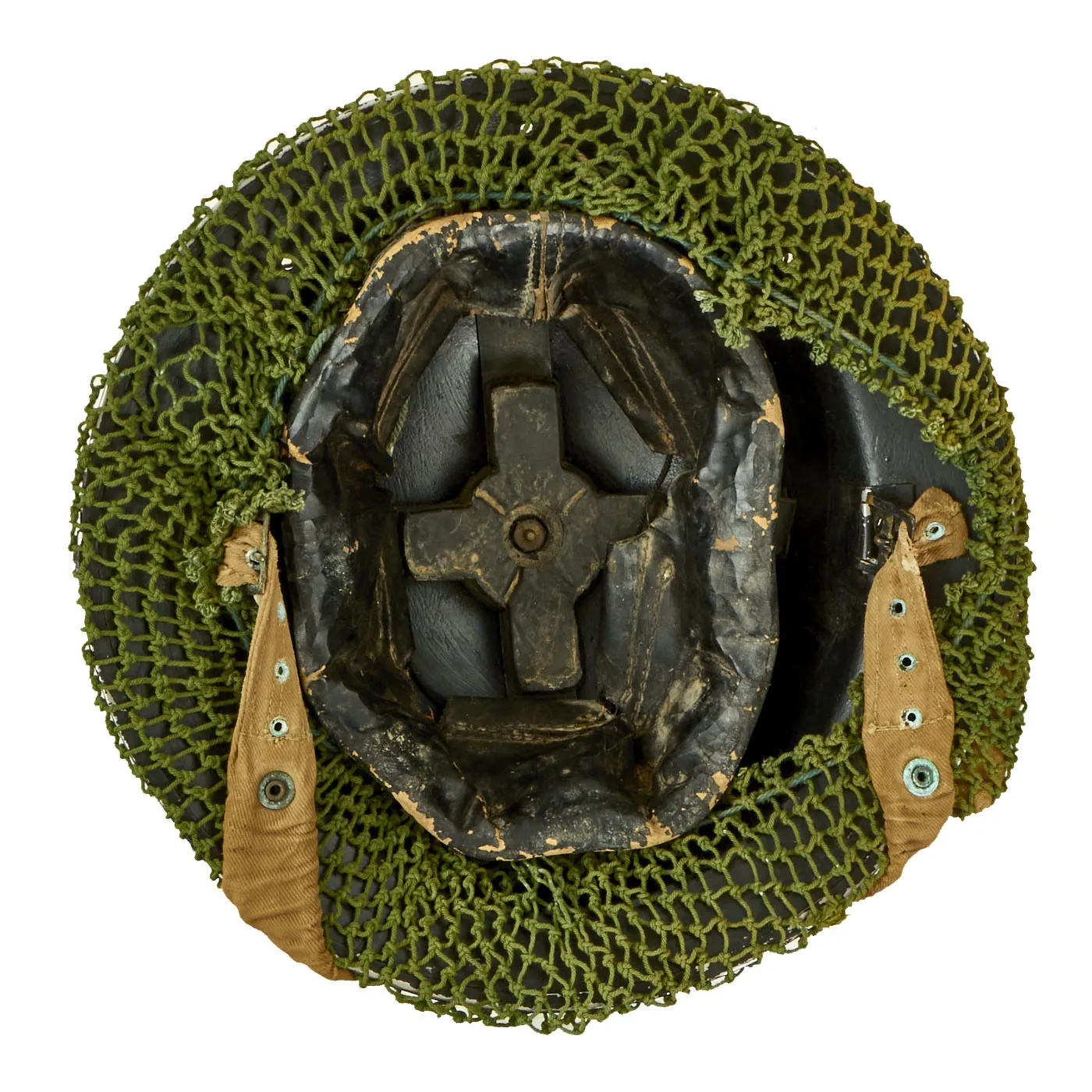 Original British WWII Desert Camouflage Painted MkII Brodie Steel Helmet with Dual Color Helmet Net and Australian Shell Dressing - Dated 1940