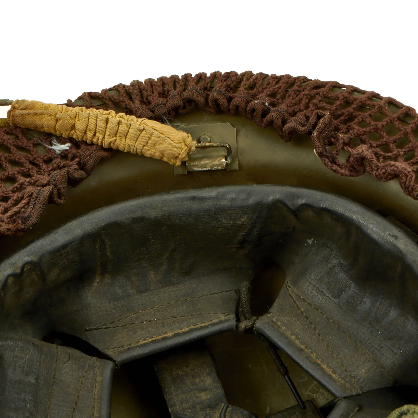 Original Canadian WWII MkII Brodie Steel Helmet with Dual Color Helmet Net and Field Dressing - Dated 1941