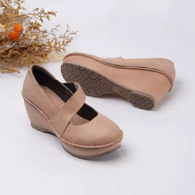 Retro Soft All Leather Platform Mary Jane Shoes In Apricot/Black/Brown/Gray