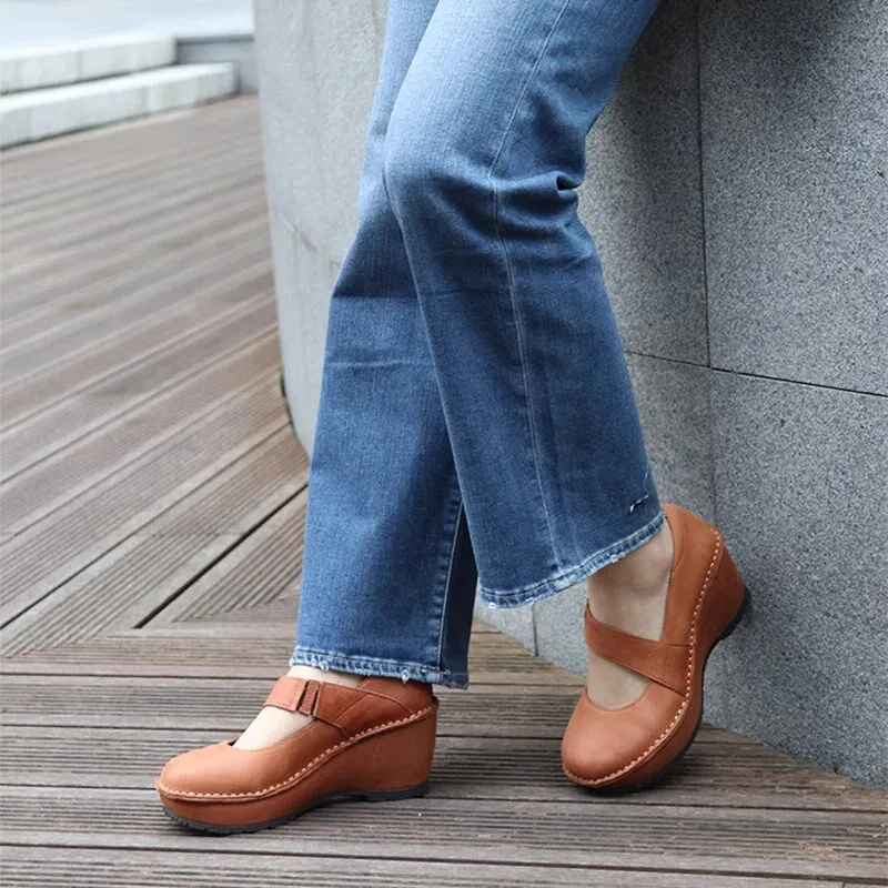 Retro Soft All Leather Platform Mary Jane Shoes In Apricot/Black/Brown/Gray