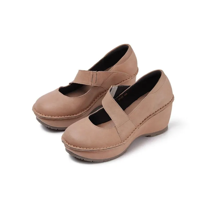 Retro Soft All Leather Platform Mary Jane Shoes In Apricot/Black/Brown/Gray