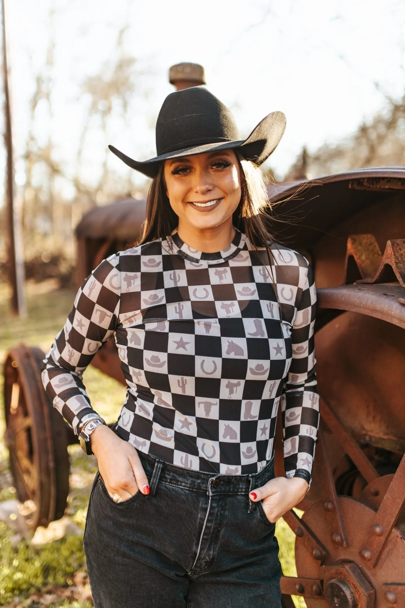 Western Checkers Long Sleeve Mesh Top